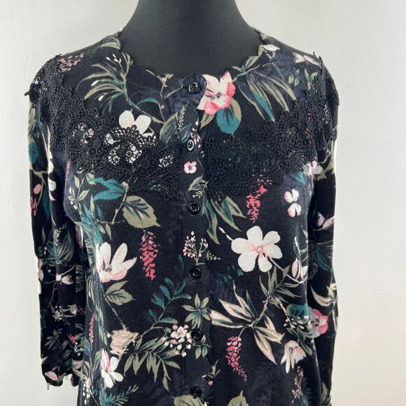 KATE SPADE Botanical Pima Cotton 3/4 Sleeve Lace Accent Knit Cardigan Size S - Picture 3 of 9